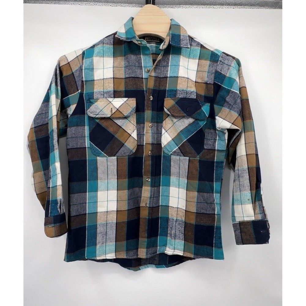 Vintage Private Property‎ Flannel Shirt Mens  M Blue Green Plaid Button Up Thick - Picture 9 of 15